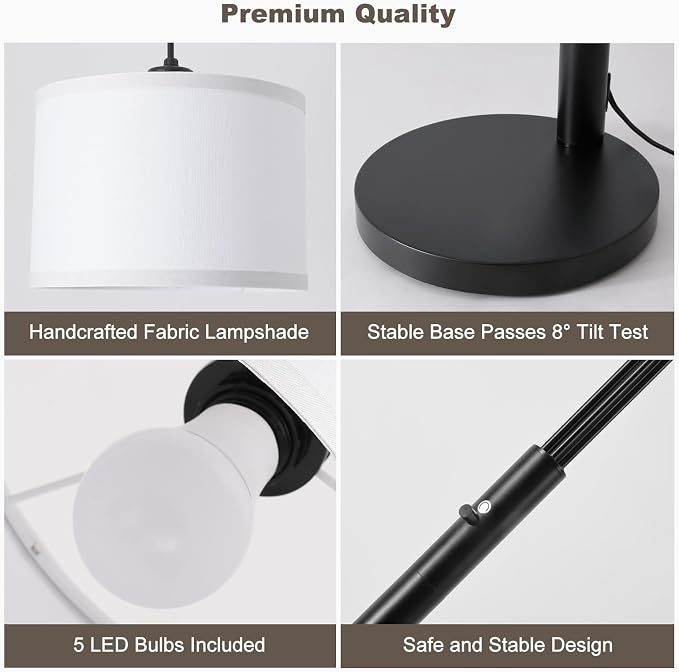 Floor Lamps for Living Room, 4000LM Super Bright Arc Floor Lamp with Remote Control, 5 Light Tall Floor Lamps with Stepless Dimmable, 80" Mid Century Tree Floor Lamp for Bedroom, Office