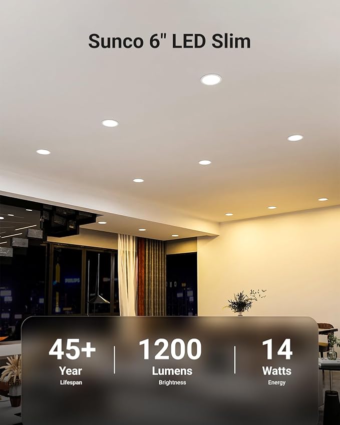 Sunco Lighting - 6 Pack 6 Inch Ultra Thin LED Recessed Ceiling Lights, 5000K Daylight, Dimmable, 14W, Wafer Thin, Canless with Junction Box.