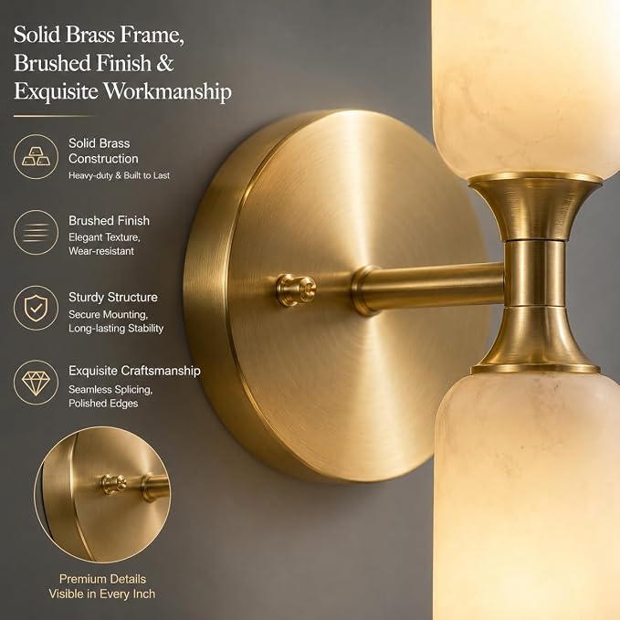 Alabaster Wall Sconces Set of 2, 20in 3-Color Changing Spanish Natural Marble Wall Sconce, Hardwired Brass Gold LED Wall Fixture for Bathroom, Bedroom, Living Room, Hallway, Staircase