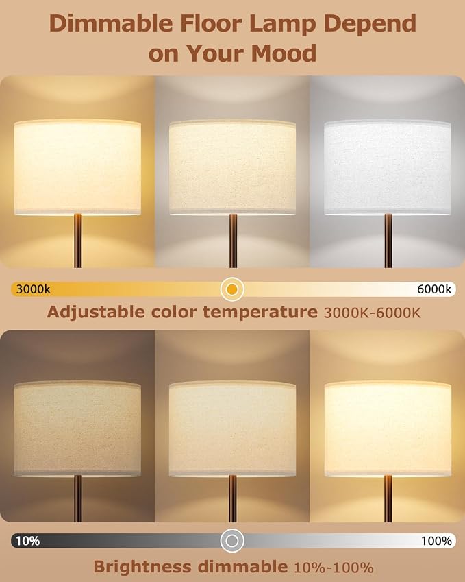Dimmable Floor Lamp for Living Room with Remote, 9W 900LM LED Bulb Included, Deep Beige Shade Brown Pole