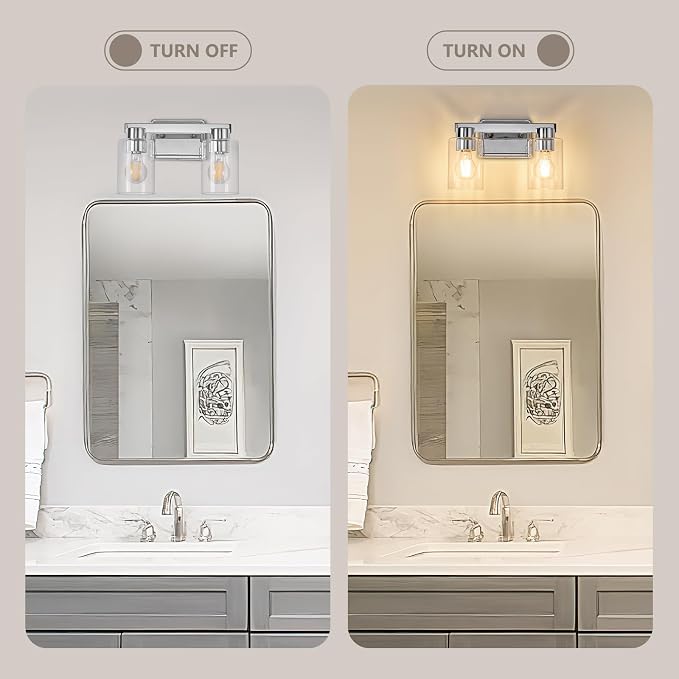 2-Light Bathroom Light Fixtures with Clear Glass, Chrome | Vanity Lights, Modern Wall Sconces, Over Mirror for Bathroom, Powder Room, Living Room