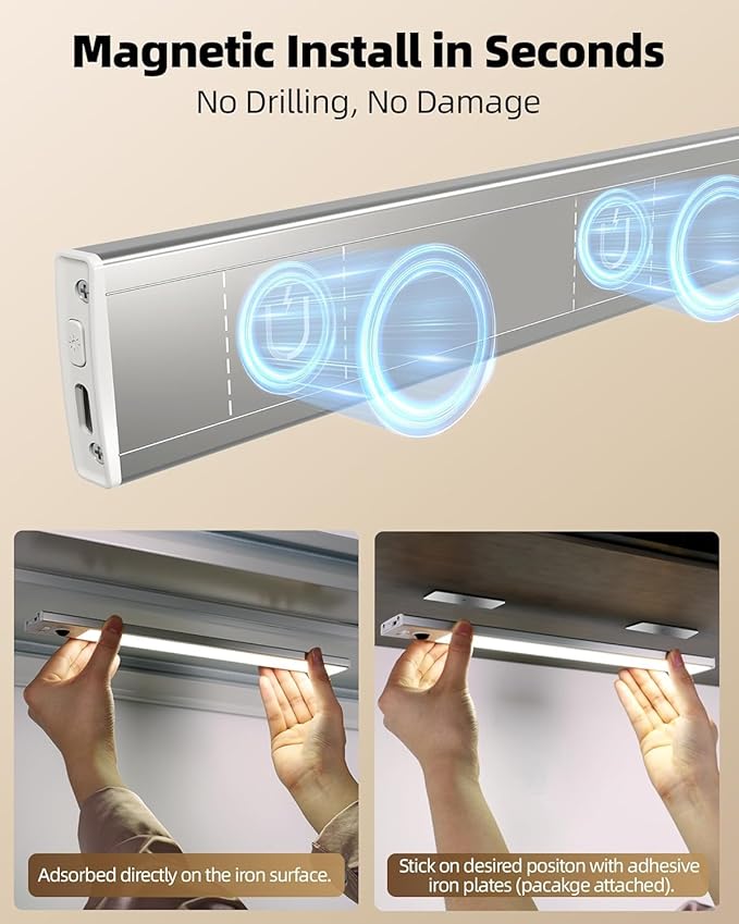 EZVALO Under Cabinet Lighting, 2000mAh Rechargeable Motion Sensor Lights Indoor, LED Dimmable Closet Lights, 3 Color Temps with Battery Indicator, Under Counter Lights for Kitchen, Stair