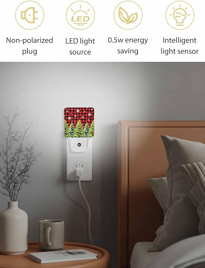 Christmas Night Lights Plug into Wall LED Night Light Christmas Tree with Bow Snowflake Red Plaid Automatic Dimmable Dusk-to-Dawn Square Shaped Smart Nightlight for Bathroom/Bedroom