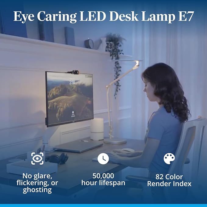 UPLIFTDESK E7 LED Desk Lamp – Adjustable 3 Color Modes, Dimmable Home Office Desk Light for Standing Desk, Dual Monitors, Aluminum Task Lamp (Silver Lamp, Silver Base)