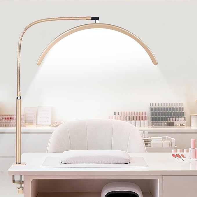 Professional Half Moon LED Desk Light for Nail Techs & Artists – Flexible Gooseneck Lamp with Clamp, 3 Color Modes & 5 Brightness Levels for Manicure, Tattoo, Beauty Work