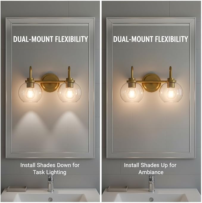 Gold Bathroom Light Fixtures 2 Light Vanity Lights Over Mirror with Clear Glass Lamps Shades Bathroom Wall Lamp for Mirror Kitchen Bedroom Hallway Living Room