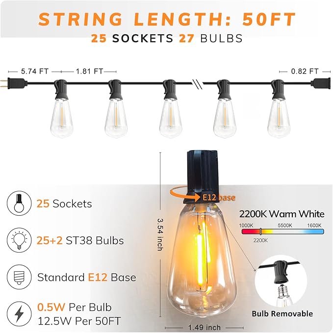 Achin Outdoor String Lights - 50ft LED Dimmable ST38 Warm Edison String Lights, Waterproof, Shatterproof, Connectable, Patio, Pergola, Bistro, Garden, Wedding, 2 Year Warranty