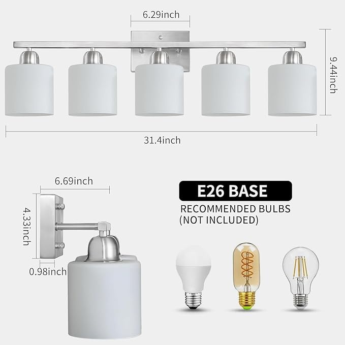 5 Light Bathroom Light Fixtures Brushed Nickel,Anti-Rust Finish Bathroom Vanity Light with Milky White Frosted Glass Shade for Mirror Bedroom Living Room E26 Base
