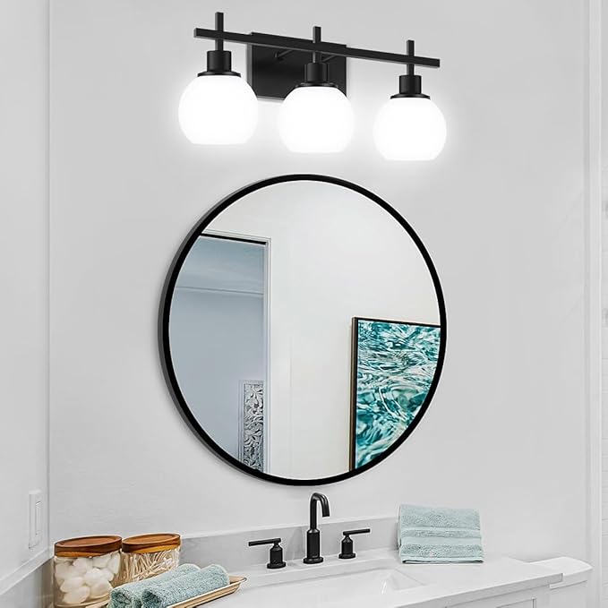 Modern Vanity Lighting Fixtures,3-Light Black Bathroom Lighting Fixtures Over Mirror，Bathroom Wall Mounted Vanity Light with Milky White Glass Lampshade for Living Room，Bedroom，Hallway