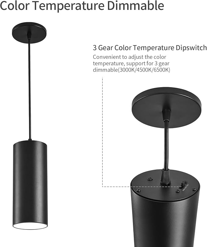 4" Pendant Lights Kitchen Island, 25W Cylinder Hanging Lights with Dipswitch, Modern Eye Care Led Pendant Lamp fixtures for Bedroom, Living Room, Office (Black, 2 Pcs)