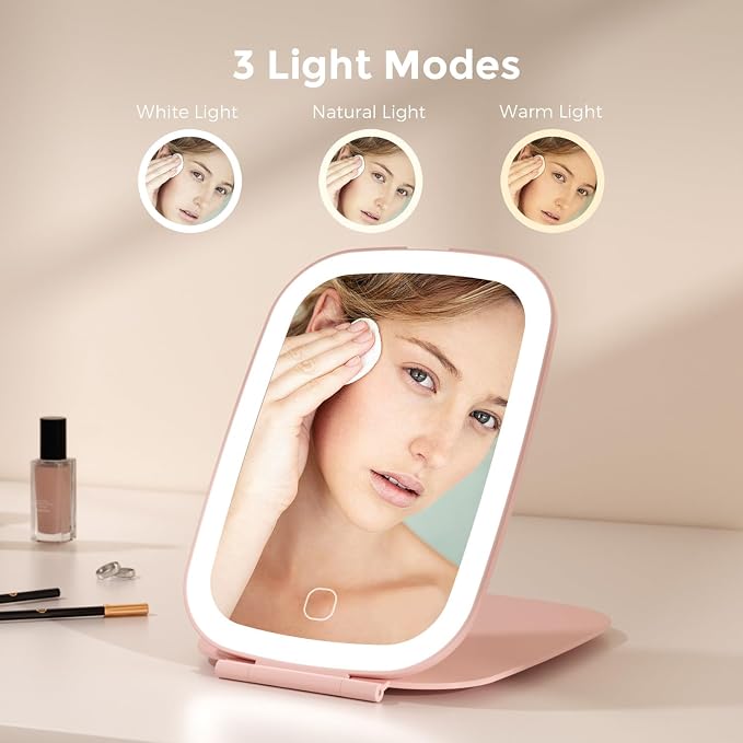 NEZZOE Rechargeable Travel Makeup Mirror with LED Light, 7x5 Inch, Pink | Portable Lighted Makeup Mirror, 3 Lighting Modes, Dimmable Touch Control, Foldable Compact Vanity Mirror