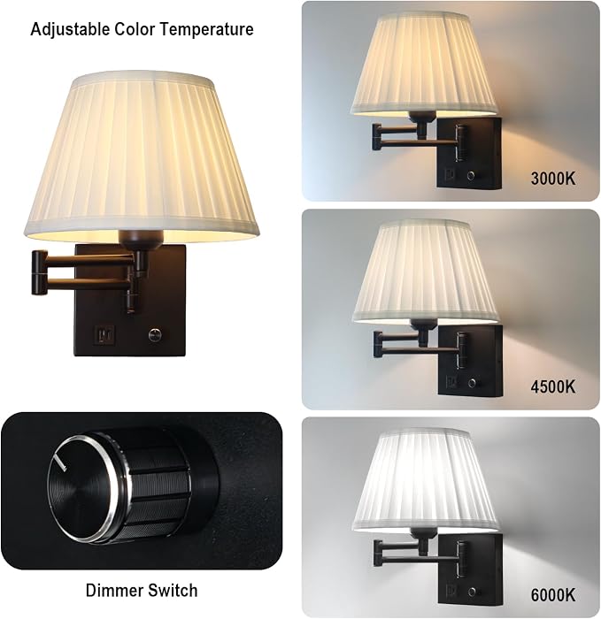 Wall Lamps for Living Room Bedroom Reading Light, Bulb Included | Wall Sconce with USB C+A Charging Ports, Adjustable Swing Arm 270°, Adjustable Color Temperature, White Fabric Cone lampshade