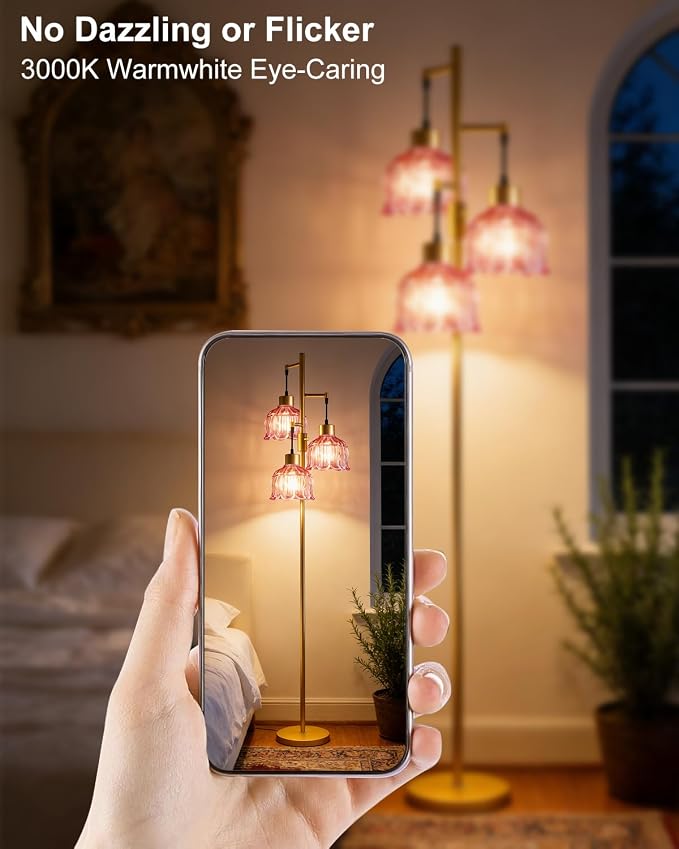 Lightdot 3-Light Flower Floor Lamps, 65'' Dimmable Floor Lamp with Rose Red Glass Shade& Bulbs Included, Mid Century Standing Lamp with 5Lbs Heavy Base for Living Room/Bedroom/Sofa Beside-Gold
