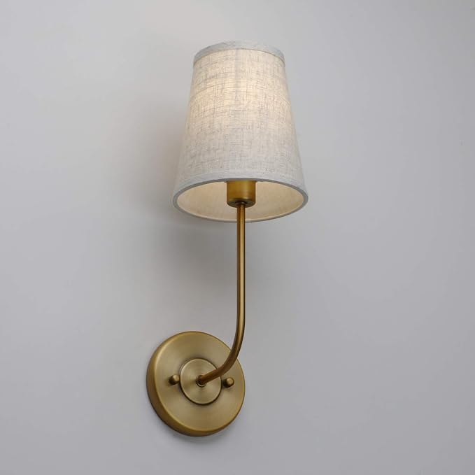 Set of 2 Rustic Wall Sconce Antique Brass Gold Sconce | Sconce Light Fixture with Flared Funnel Linen Fabric Shade Nightstand Lamps for Bedrooms Bedside Reading