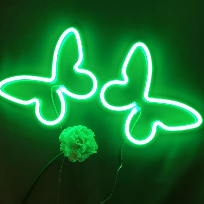 Butterfly Neon Signs, 2Pack Green Butterfly LED Signs, 8.89x0.79x6.06 Inches, PVC Material, USB or 3-AA Battery Powered, Wall Mount, Home/Party/Office Decor