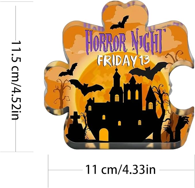 Happy Halloween Decor Acrylic Puzzle-Shaped Desk Sign Plaque Decorations Present Gifts Halloween Horror Night Bat & Castle Pattern Designs for Home and Office Desktop Ornaments Supplies