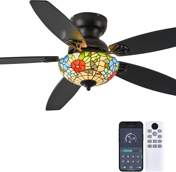 Tiffany Ceiling Fans with Lights-52"Ceiling Fan Chandelier and Glass Shade | 52" Ceiling Fan Chandelier with 5 Dual-Blades and Glass Shade, 6 Speeds and Reversible, Indoor and Outdoor, Retro Style