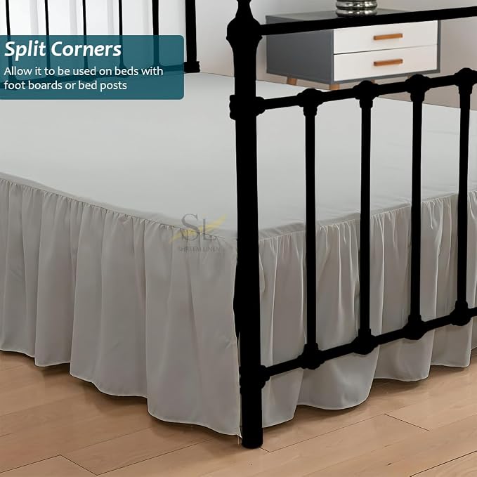Shreem Linen Ruffled Bed Skirt with Split Corners, Gathered Style, 100% Microfiber, 15-Inch Drop, Dust Ruffle Bedskirt with Platform, King, Light Grey