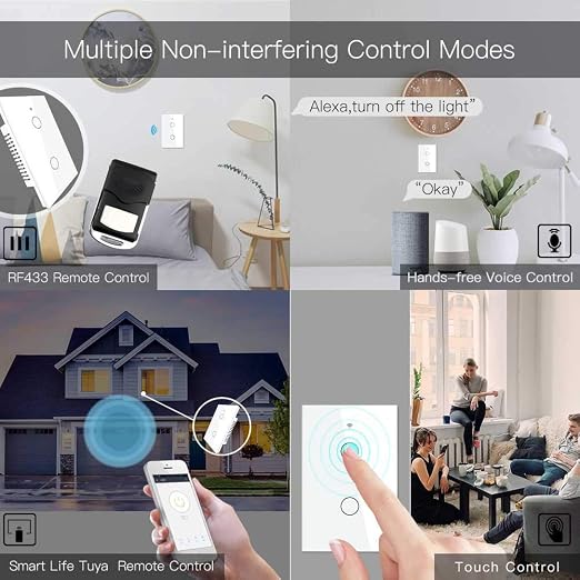 MoesGo WiFi RF433 Smart Touch Light Switch, No Neutral Wire, White 2 Gang | Single live wire design, 2.4GHz WiFi only, minimum load 5W, Smart Life Tuya app remote, works with Alexa and Google Home