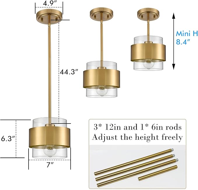 CLAXY Gold Pendant Light Mini Hanging Kitchen Pendant Lighting with Clear Cyliner Shade for Kitchen Sink Dining Bathroom, Adjustable Hanging Rods
