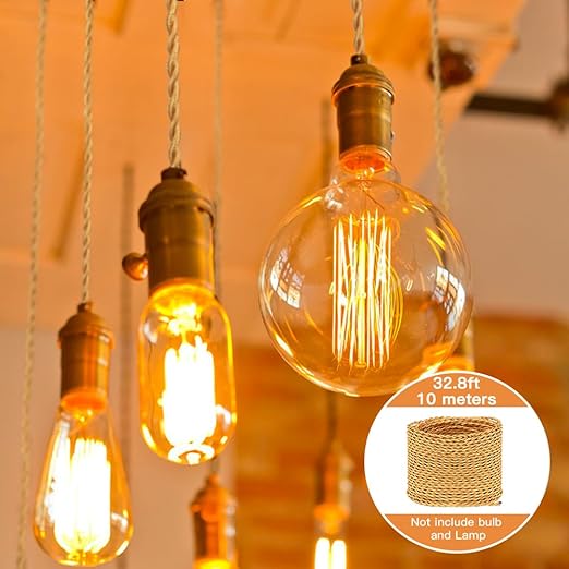 Helunsi 32.8ft Twisted Cloth Covered Wire, Gold 18/2 Cloth Covered Electrical Wire, 18 Wire Gauge 2-Conductor Fabric Covered Lamp Cord, Vintage Twisted Cloth Covered Wire, for DIY Projects (Gold)
