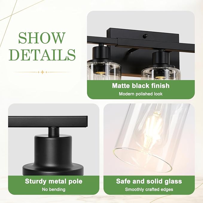 MOKATNG 7-Light Bathroom Light Fixtures, Vanity Light with Clear Glass Shades, Matte Black Bathroom Light Fixtures Over Mirror, Modern Bathroom Wall Lamp for Mirror Living Room Cabinet Bedroom