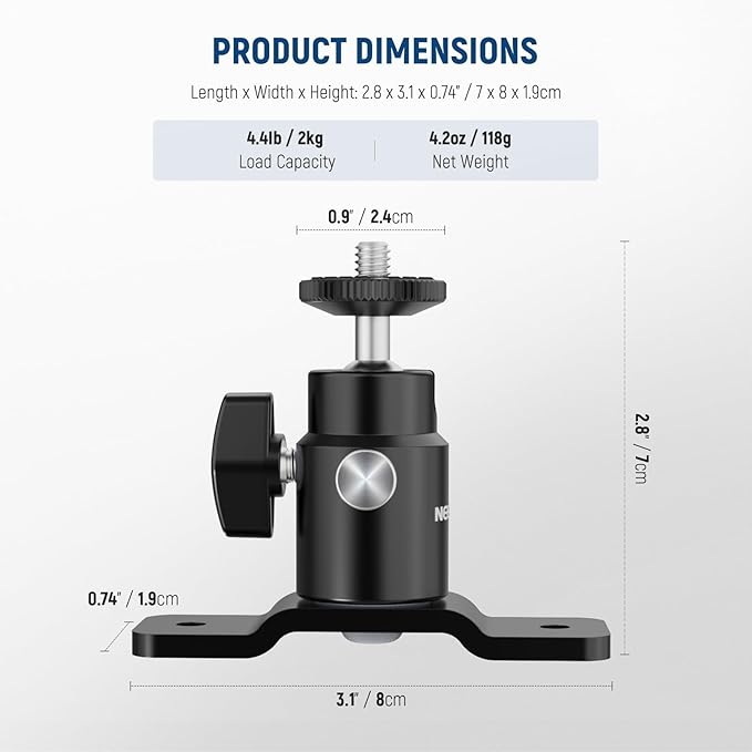 NEEWER 2 Pack T Type Wall Ceiling Mount, Ring Light Wall Mount Bracket with Detachable Ball Head, 5/8" Stud, 1/4" Screw for Flash Strobe Camera Monitor Studio Lighting, Max Load: 4.4lb/2kg, TS008