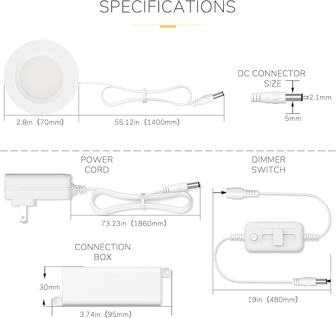Getinlight 2.75" Under Cabinet LED Puck Lights Kit, Plug-in 12V Set with in-Line Dimmer, 3000K Warm White, Recessed or Surface Mount, ETL Listed, 6-Pack, IN-0102-6-WH