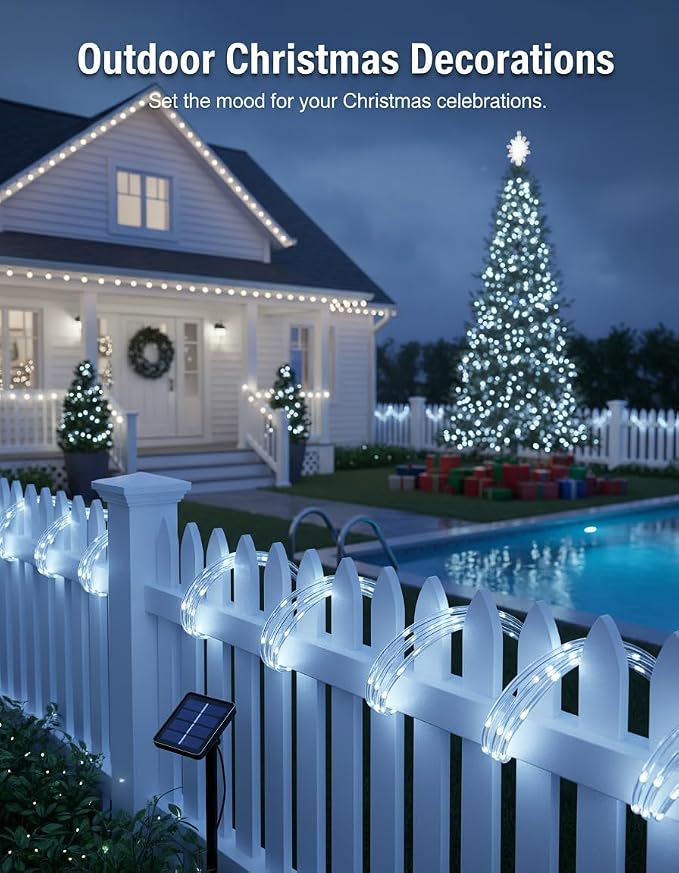 Solar Rope Lights, 33FT 100LED String Lights Outdoor, 8 Lighting Modes Solar Powered Rope Lights for New Year Easter Party Holiday Tree Decoration, White