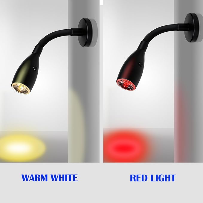 THALASSA 2-Pack 12V Flexible Gooseneck Light Black RV Reading Light Warm White & Red Night Mode Wall Mounted Bedside Under-Cabinet Lights On Camper Van Camping Trailer Motorhome