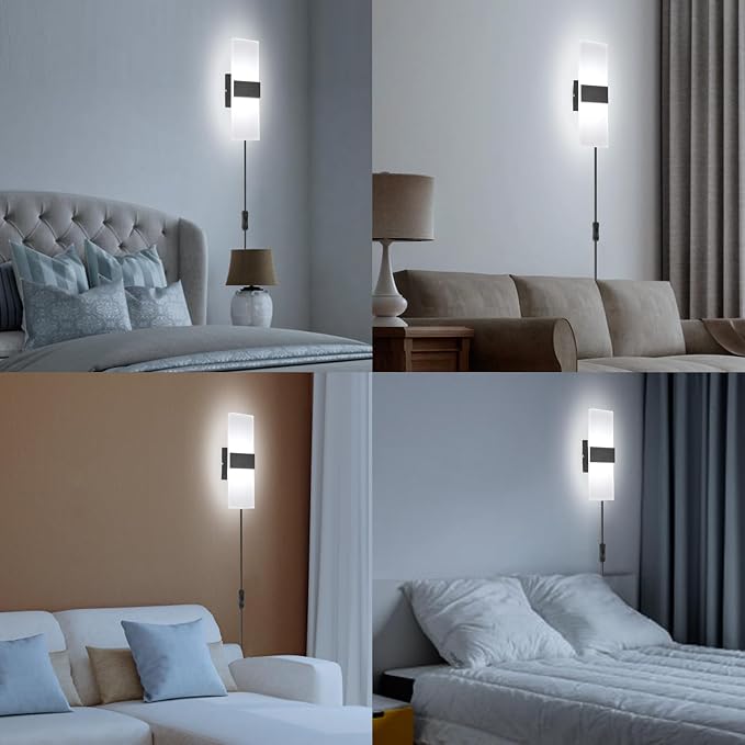 TRLIFE Modern Wall Sconce, Wall Sconce Plug in 12W LED 6000K Cool White Acrylic Wall Mounted Light Wall Lights with 6FT Plug in Cord and On/Off Switch on The Cord(1 Pack, Black)