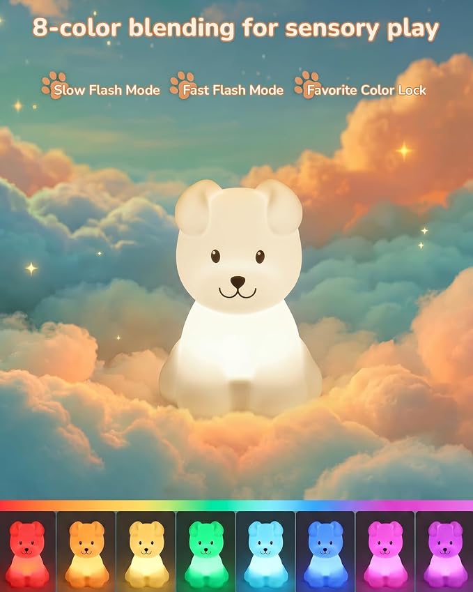 Night Light for Kids, LED Puppy Squishy Animal Lamp for Baby, Soft Silicone Dimmable Bedside Touch Light with Timer, Battery Rechargeable Nightlight Boys Gifts Toddler Room Decor 4.53 x 1.81 x 4.13 in