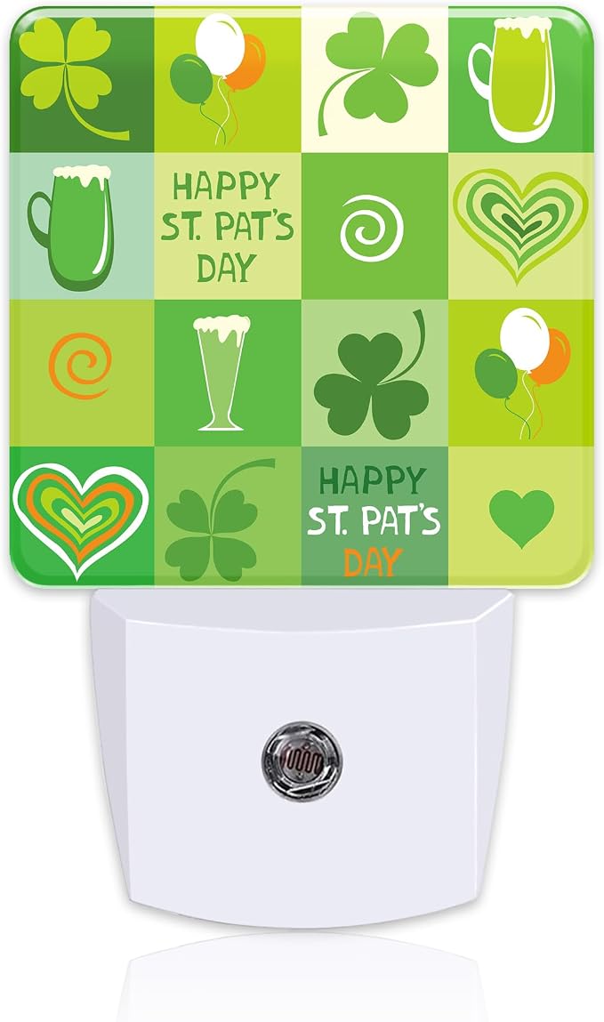Happy St. Patrick's Day Night Light for Kids,Clover and Green Beer Night Light Plug in with Dusk to Dawn Sensor, 0.5w Energy Saving Sleep Friendly Nightlight for Hallway Stairway Kitchen Bedroom