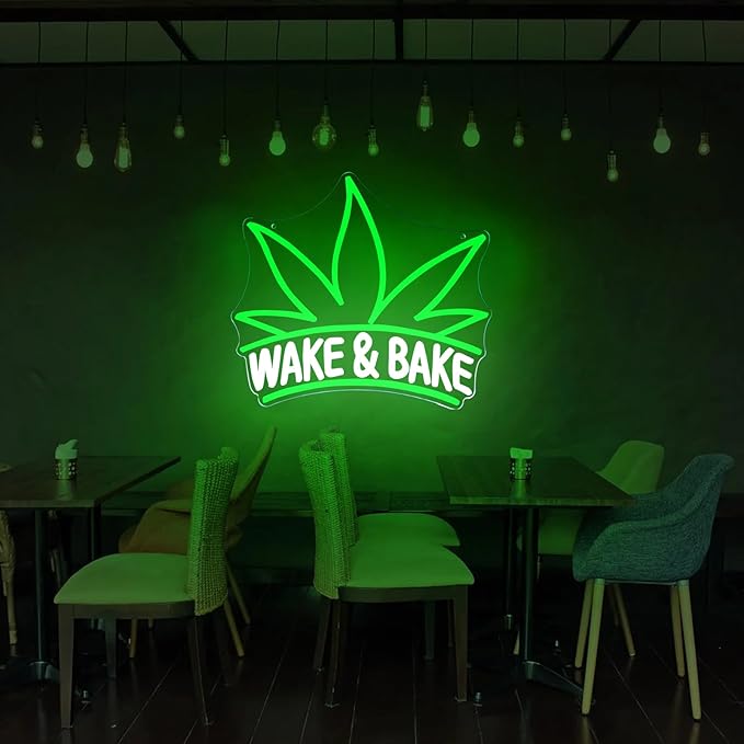 Wake & Bake Neon Signs Green Weed Leaf LED Neon for Bar Decor,Dimmable Wake and Leaf Neon Lights Men Cave Bedroom Living Room Gifts for Christmas Birthday(Green, Wake)