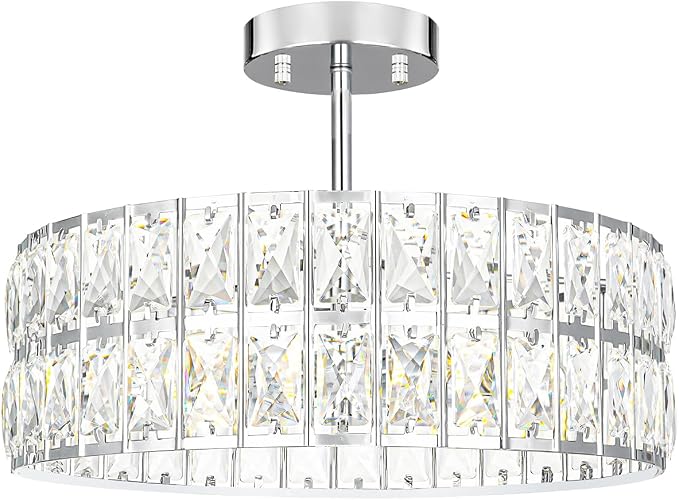 Lxybcce Crystal Ceiling Light Fixture, Modern Chrome Ceiling Light Chandelier, Semi Flush Mount Chandelier Lighting Fixture for Kitchen Entryway Living Room Dining Room, 5-Light, 16 Inch