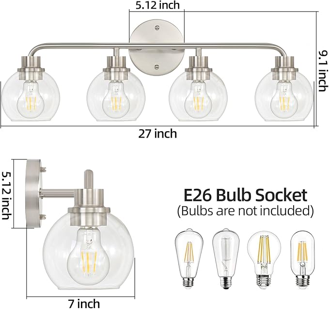Bathroom Light Fixtures Brushed Nickel Vanity Light Silver 4 Light | Modern Wall Sconces Lighting Bathroom Lights with Glass Shade Bath Wall Lights for Mirror Kitchen Living Room Hallway 27"