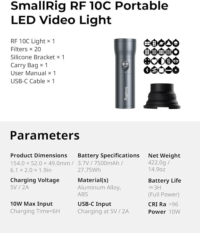 SMALLRIG RGB LED Photography Flashlight, 7500mAh Aluminum Alloy Patterned Ambient Light, 4 Color Fill Light with 20 Patterned Filters, Perfect for Photo, Content Creation Accessories RF10C 4634