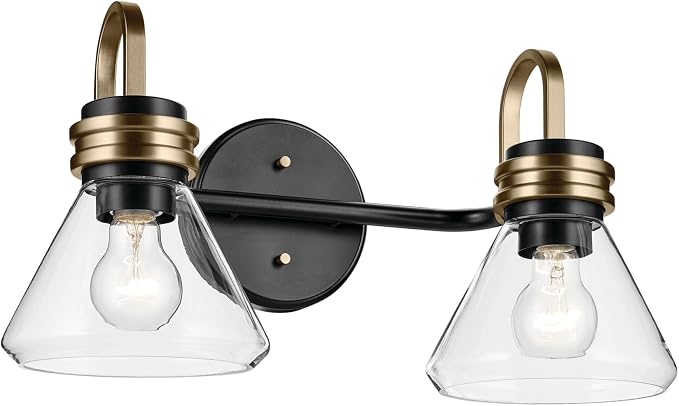 Kichler Farum 2-Light Bathroom Vanity Light, Black | Modern vanity light with clear glass for bathroom mirrors and powder rooms (19.25" x 9.5"), 55154BKCLR