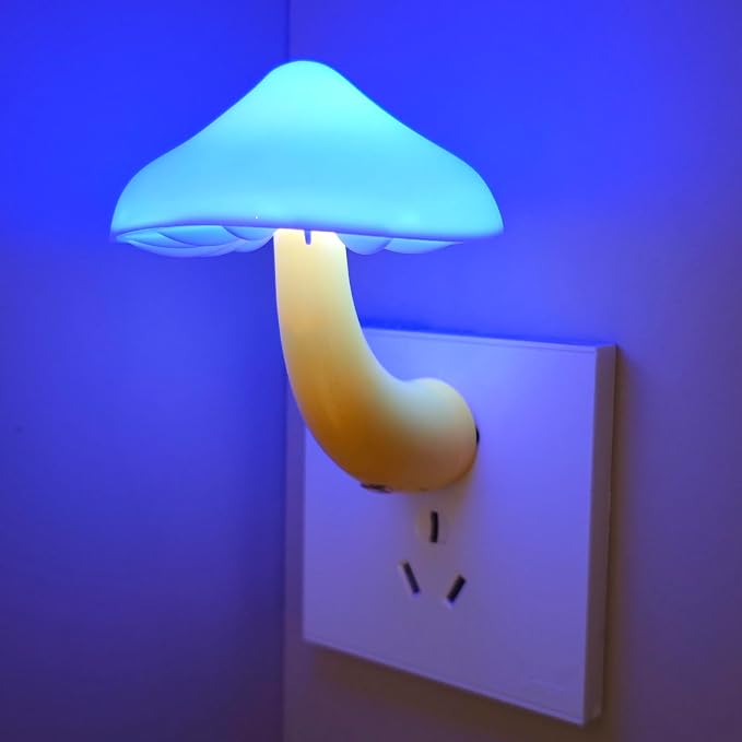 LED Mushroom Night Light Plug in Lamp, Blue Night Lights Plug into Wall, Dusk to Dawn Sensor NightLight for Adults Kids Room Bedroom Bathroom Hallway Kitchen