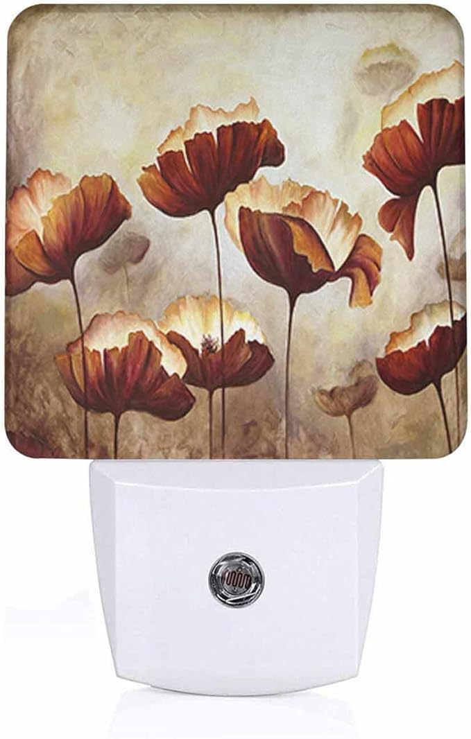 LED Night Light,Poppies Flower Artwork Vintage Brown Lotus LED Night Light Plug into Wall with Dusk to Dawn Light Sensor White Energy Efficient Nightlight for Bedroom Hallway Living Room Kitchen