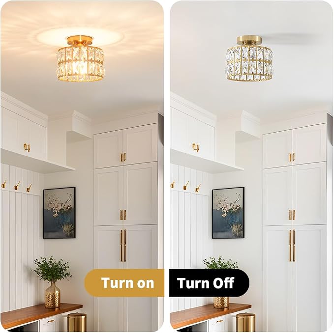 Lxybcce Crystal Ceiling Light Fixture, Modern Brushed Gold Semi Flush Mount Ceiling Chandelier Light for Hallway Entryway Kitchen Bathroom, Small Chandelier Light for Bedroom Closet, 1-Light, 9 Inch