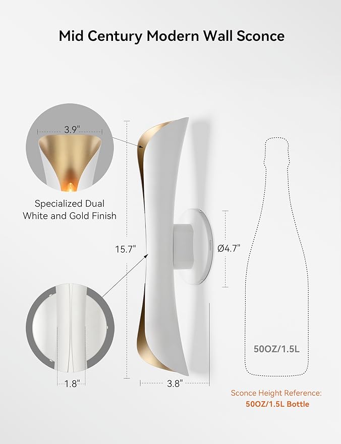 Tubicen Wall Sconces Dimmable Up and Down Indoor Theater Sconce Lights White and Gold Hardwired Modern Decorative Wall Lights for Living Room Bedroom Hallway Stairway 15.7" H