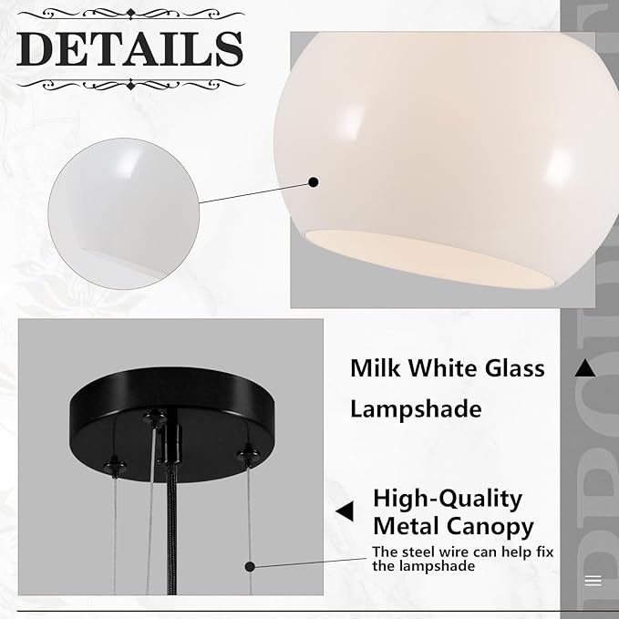 BOKT Modern Large Globe Pendant Light Black White Dome Glass Pendant Lighting Mid Century Farmhouse Kitchen Island Hanging Light Fixture Dining Room Ceiling Hanging Lamp