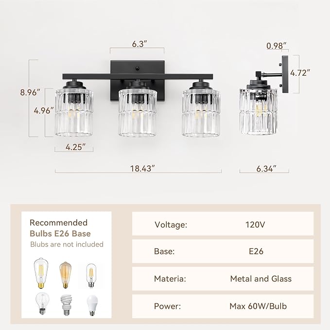 TALOYA Black 3-Light Bathroom Vanity Light with Fluted Cylinder Glass Shade | Modern Vanity Lighting Fixtures, Bathroom Lights Over Mirror, Wall Mount Mirror Light Fixtures for Bathroom Hallway Bedroom