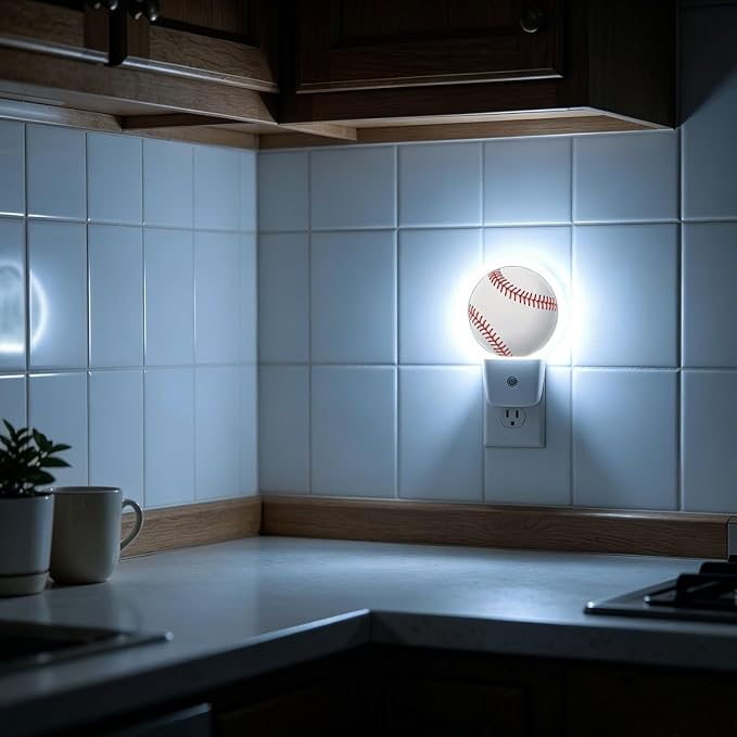Nightlight Baseball Stitch Night Lights Plug Into Wall Auto Sensor | Sports Design American Ball Night Light Auto Led Sleep Round Lamp for Living Room Hallway Stairs