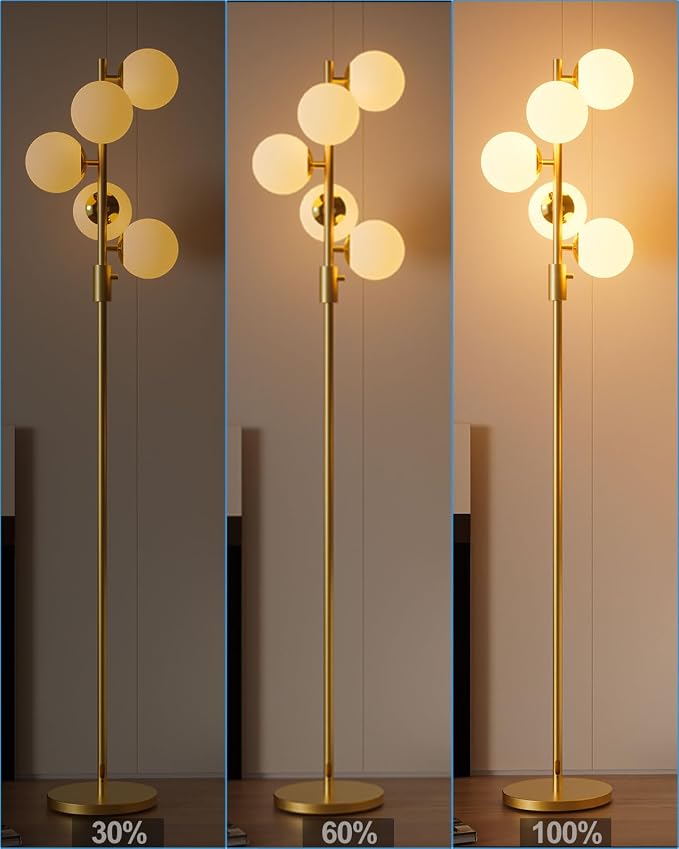 5 Light Modern Globe Floor Lamp Dimmable 64IN Tall Standing Lamps with 3000K Warm White Bulbs, Mid Century Gold Tree Floor Lamp for Living Room Bedroom Sofa Beside Home Decor