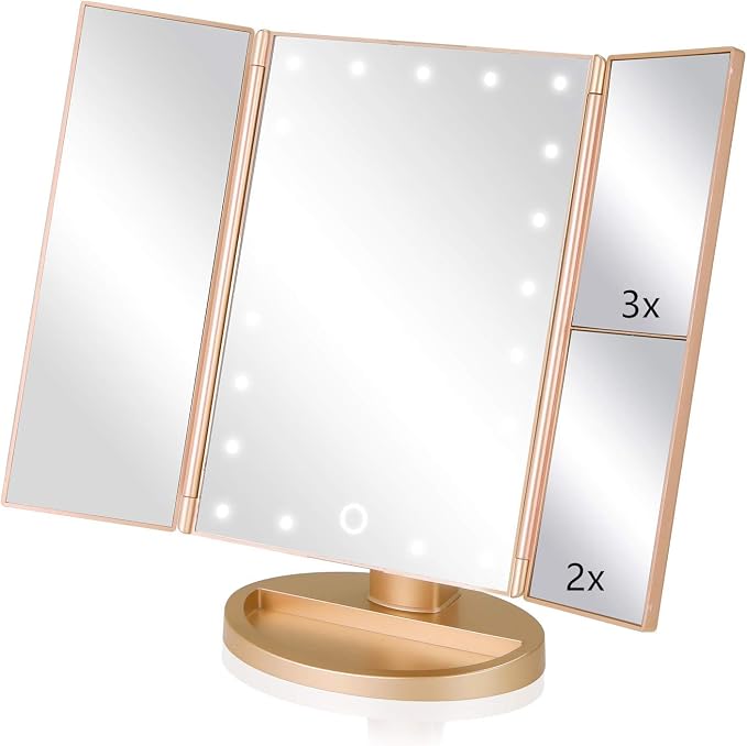 Infitrans Trifold Makeup Mirror Vanity Mirror with Lights,1X 2X 3X Magnification,Touch Control,Adjustable Rotation,Dual Power Supply,Portable Travel Cosmetic Mirror,Birthday Gifts for Women,Teengirls