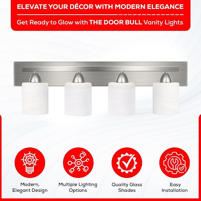 4-Light Bathroom Vanity Bar Light Fixture - Brushed Nickel | Modern Frosted glass shades with E26 socket. Matte Wall sconce lighting perfect over mirror, kitchen, hallway, or entryway