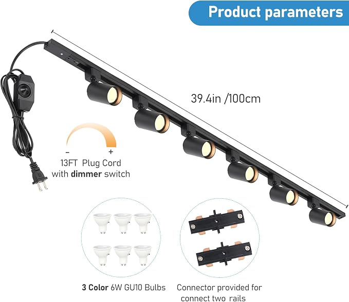 3-Color Plug in Track Lighting with Power Cord, 6-Light GU10 Dimmable Track Lighting Kit with Track Rail, Kitchen LED Track Lighting Fixtures Ceiling Wall Spot Light, 13FT Plug Cord, Black
