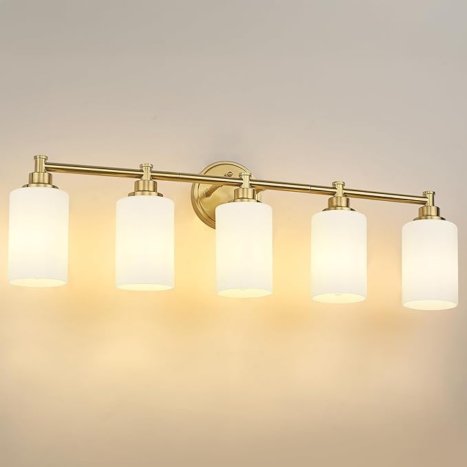 FEMILA 5 Light Bathroom Light Fixture Over Mirror, 32" Brushed Gold Vanity Light, Bathroom Vanity Light with Milk White Glass, 4FYC56B-5W BG-MG